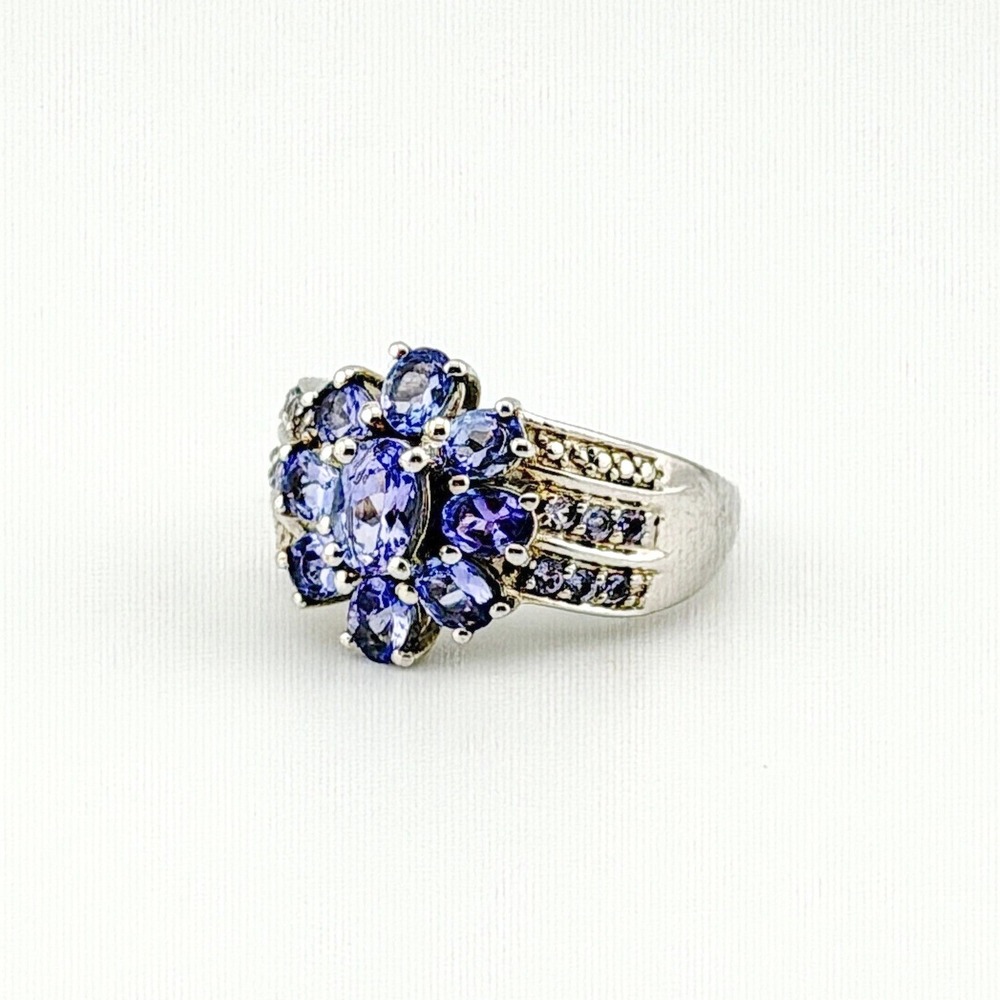 Statement Tanzanite Zircon Purple Sterling Silver Floral Cluster Ring Size 6